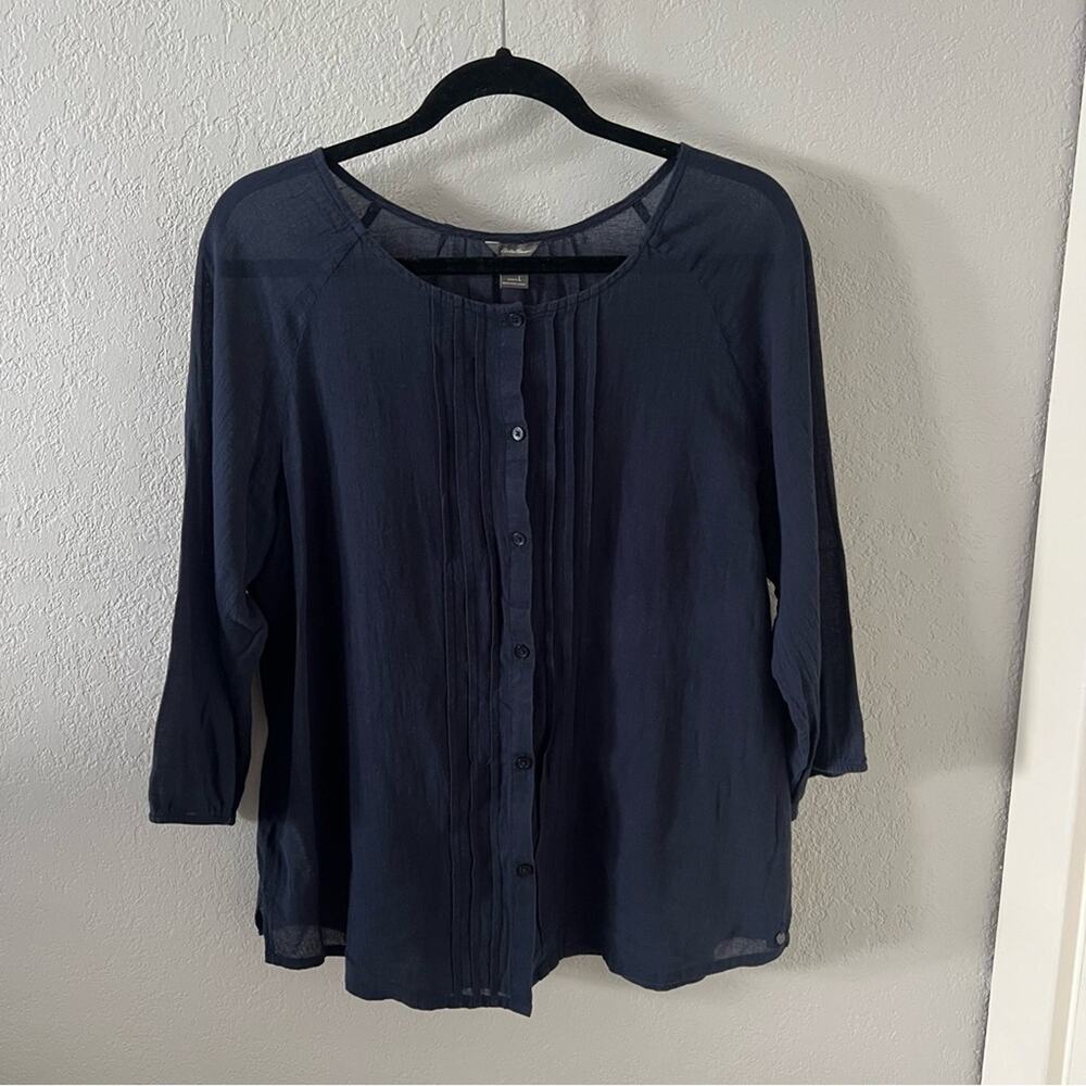 Eddie Bauer Navy Cotton Pintuck Button-Front Blouse